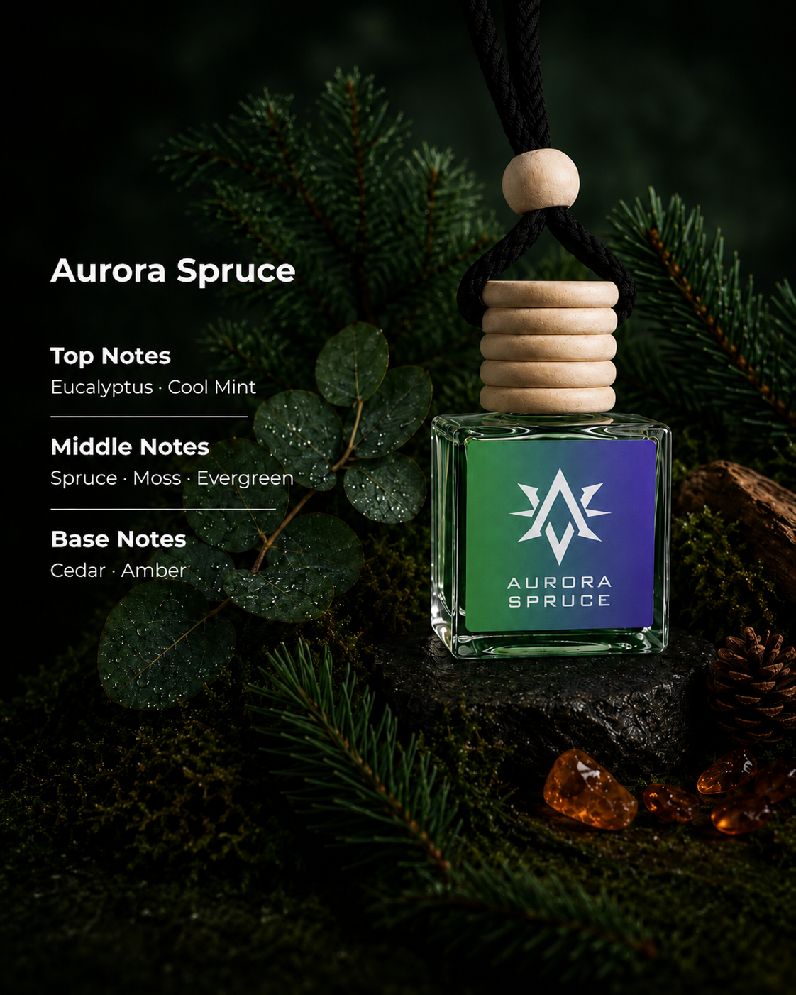 Aurora Spruce scent notes - eucalyptus, cool mint, spruce, moss, cedar and amber car air freshener by Starlite Avenue