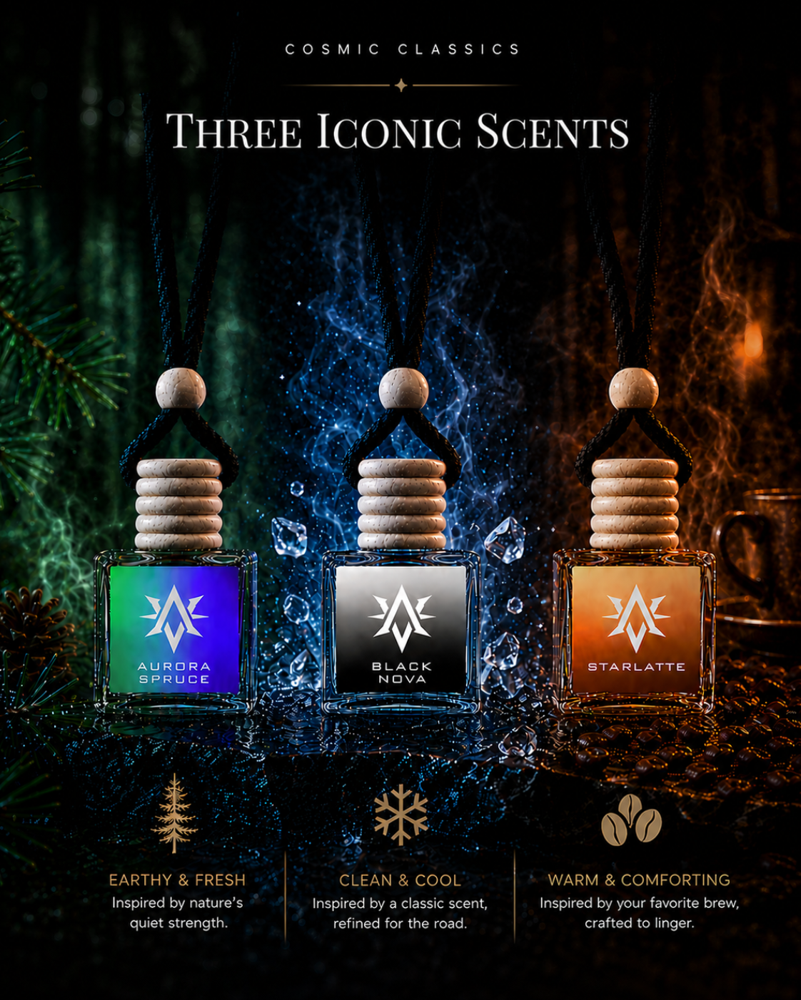 Cosmic Classics 3-Pack Bundle A - Aurora Spruce, Black Nova, and Starlatte car air fresheners by Starlite Avenue with scent descriptions on dark background