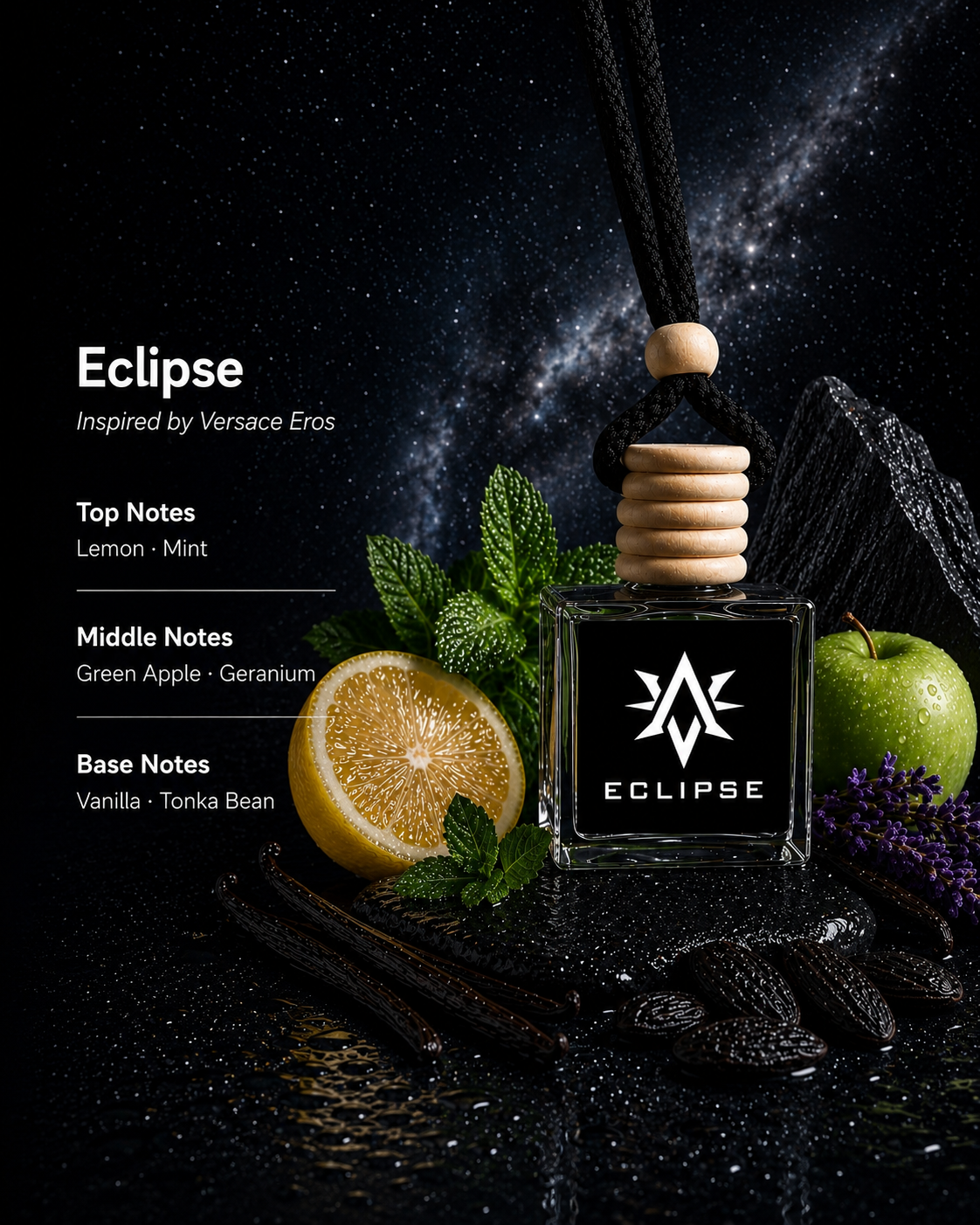 Eclipse scent notes - lemon, mint, green apple, geranium, vanilla and tonka bean car air freshener by Starlite Avenue