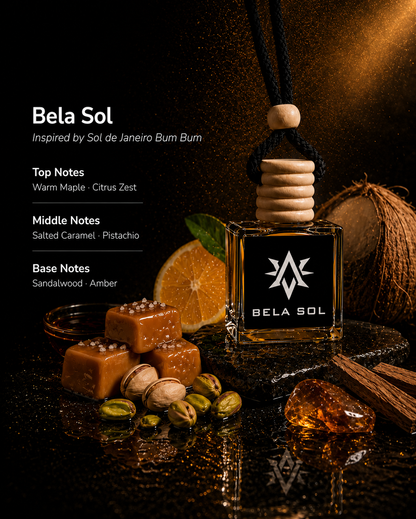 Bela Sol scent notes - warm maple, citrus zest, salted caramel, pistachio, sandalwood and amber car air freshener by Starlite Avenue