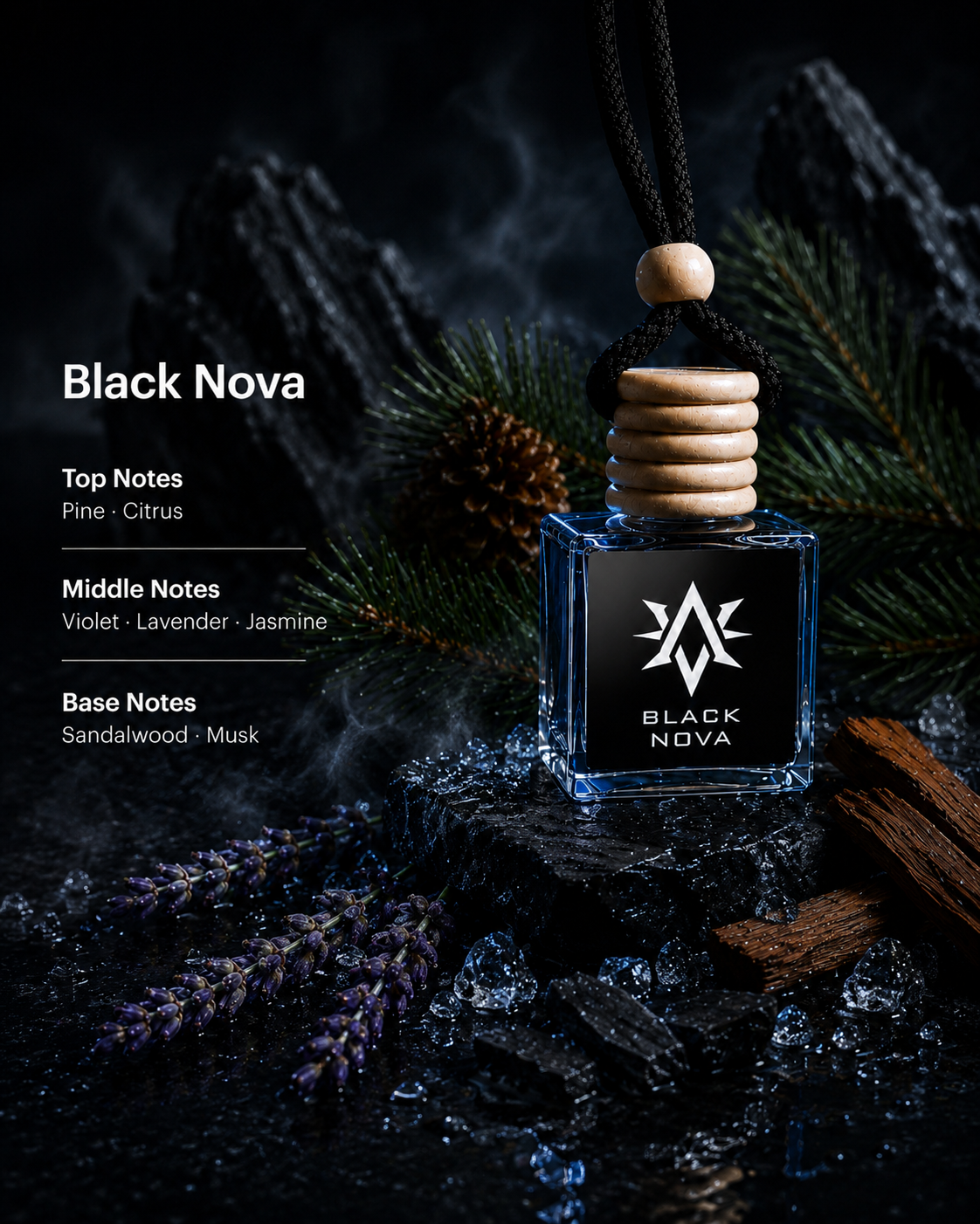 Black Nova scent notes - pine, citrus, violet, lavender, jasmine, sandalwood and musk car air freshener by Starlite Avenue