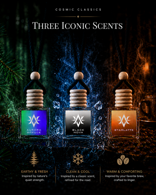 Cosmic Classics 3-Pack Bundle A - Aurora Spruce, Black Nova, and Starlatte car air fresheners by Starlite Avenue with scent descriptions on dark background