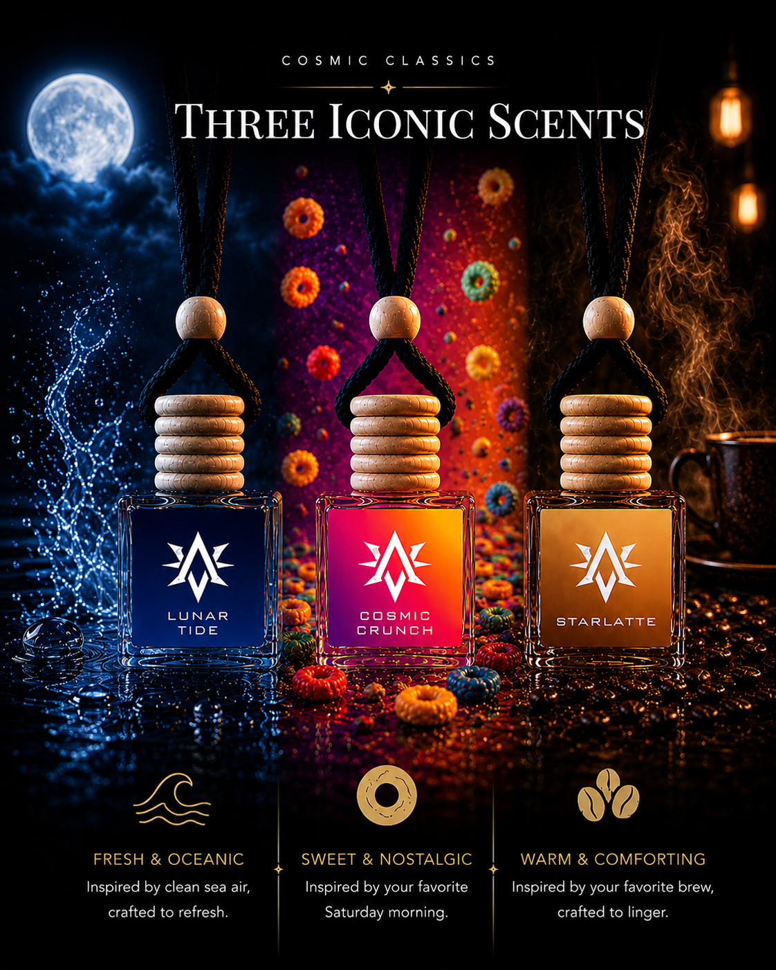 Cosmic Classics 3-Pack Bundle B - Lunar Tide, Cosmic Crunch, and Starlatte car air fresheners by Starlite Avenue with scent descriptions on dark background