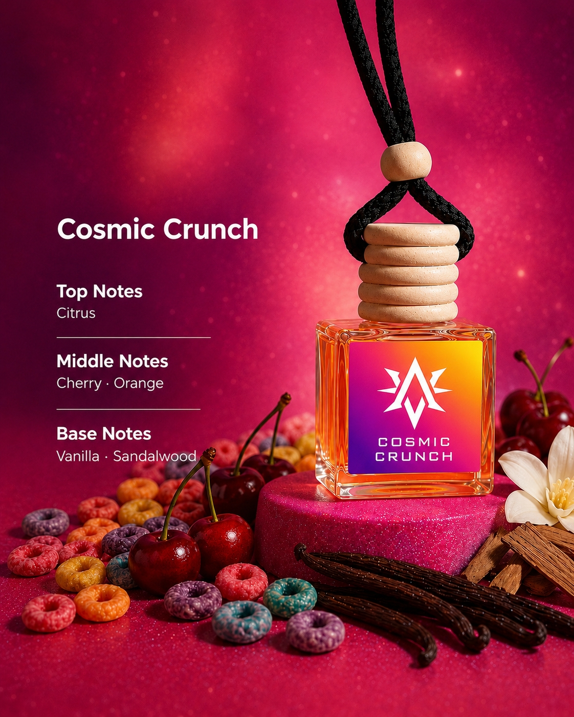 Cosmic Crunch scent notes - citrus, cherry, orange, vanilla and sandalwood car air freshener by Starlite Avenue