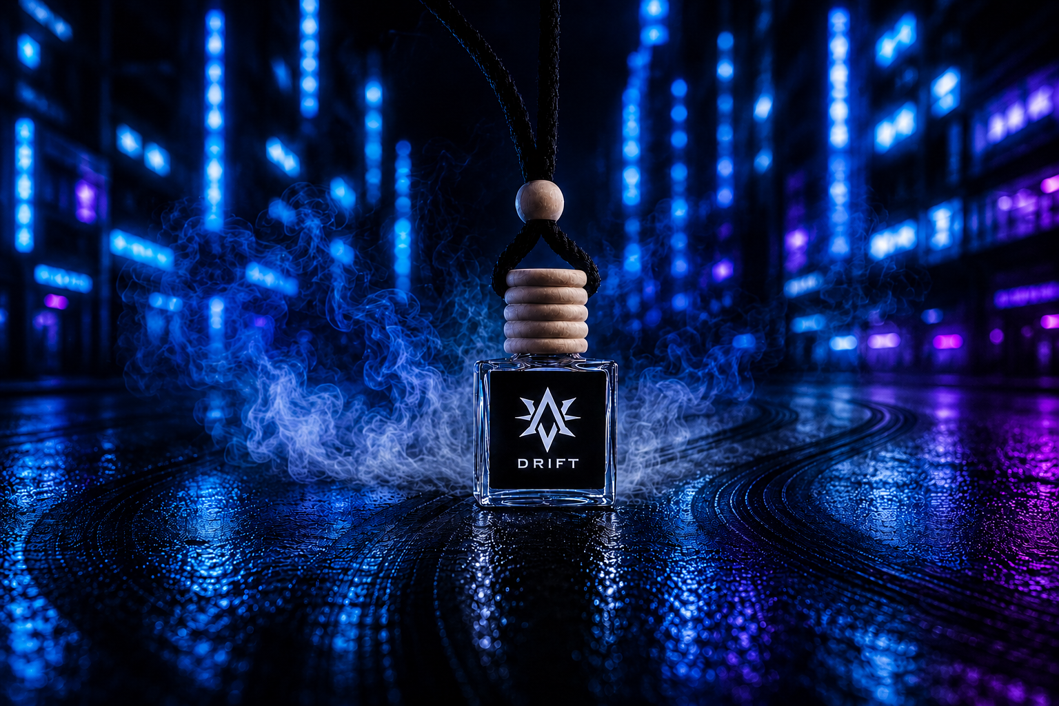 Drift premium car air freshener by Starlite Avenue - neon-lit futuristic cityscape with blue and purple light trails