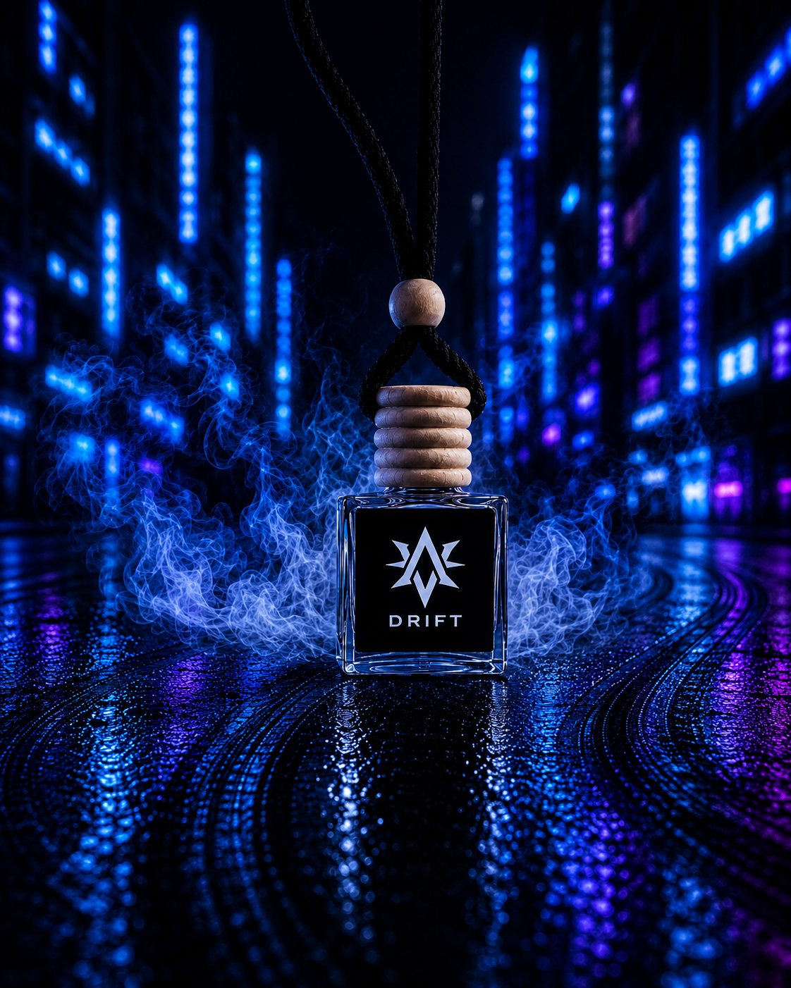 Drift premium car air freshener by Starlite Avenue - neon-lit futuristic cityscape with blue and purple light trails