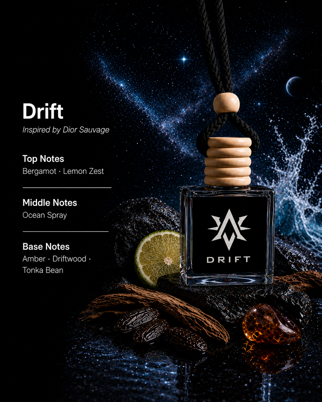 Drift scent notes - bergamot, lemon zest, ocean spray, amber, driftwood and tonka bean car air freshener by Starlite Avenue
