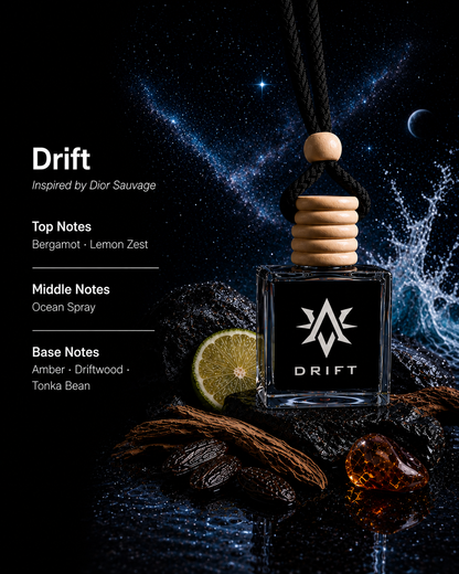 Drift scent notes - bergamot, lemon zest, ocean spray, amber, driftwood and tonka bean car air freshener by Starlite Avenue
