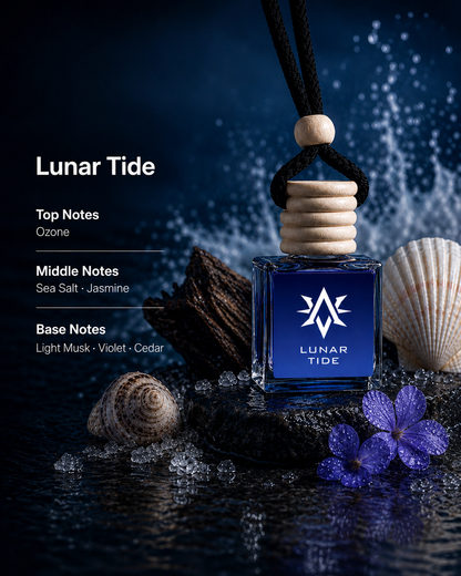 Lunar Tide scent notes - ozone, sea salt, jasmine, light musk, violet and cedar car air freshener by Starlite Avenue