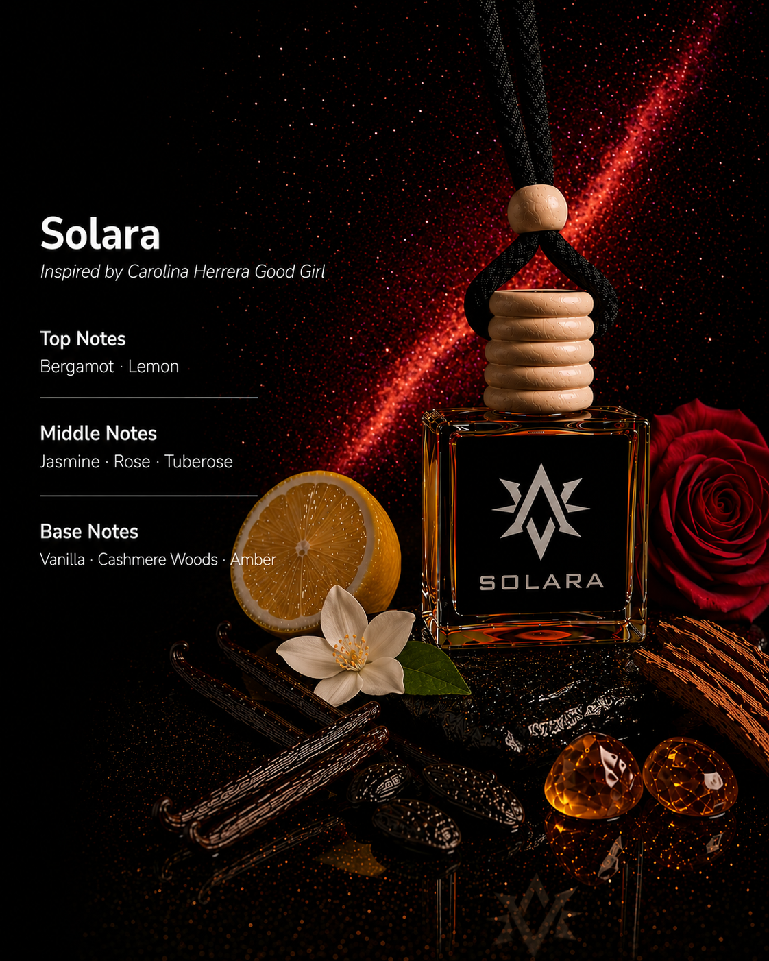 Solara scent notes - bergamot, lemon, jasmine, rose, tuberose, vanilla, cashmere woods and amber car air freshener by Starlite Avenue