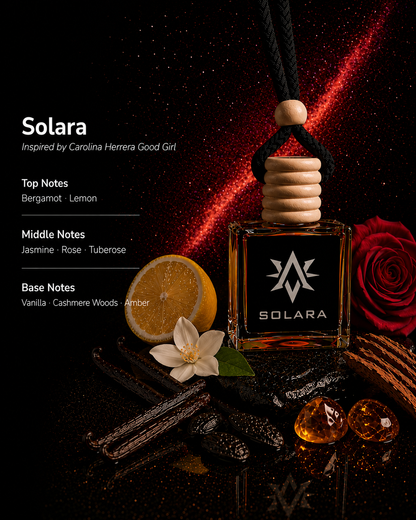 Solara scent notes - bergamot, lemon, jasmine, rose, tuberose, vanilla, cashmere woods and amber car air freshener by Starlite Avenue