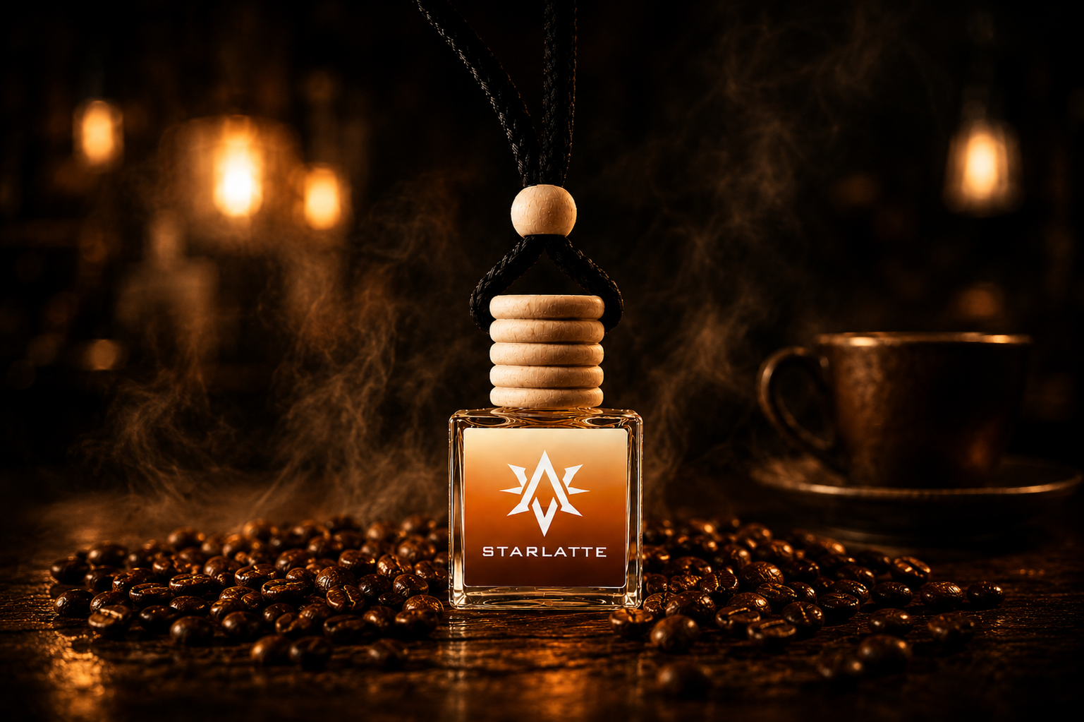Starlatte premium car air freshener by Starlite Avenue - warm espresso and vanilla surrounded by coffee beans and moody candlelight