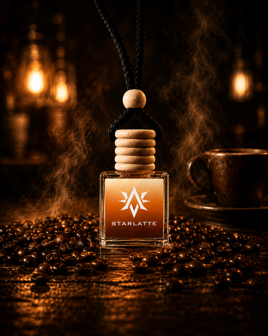 Starlatte premium car air freshener by Starlite Avenue - warm espresso and vanilla surrounded by coffee beans and moody candlelight
