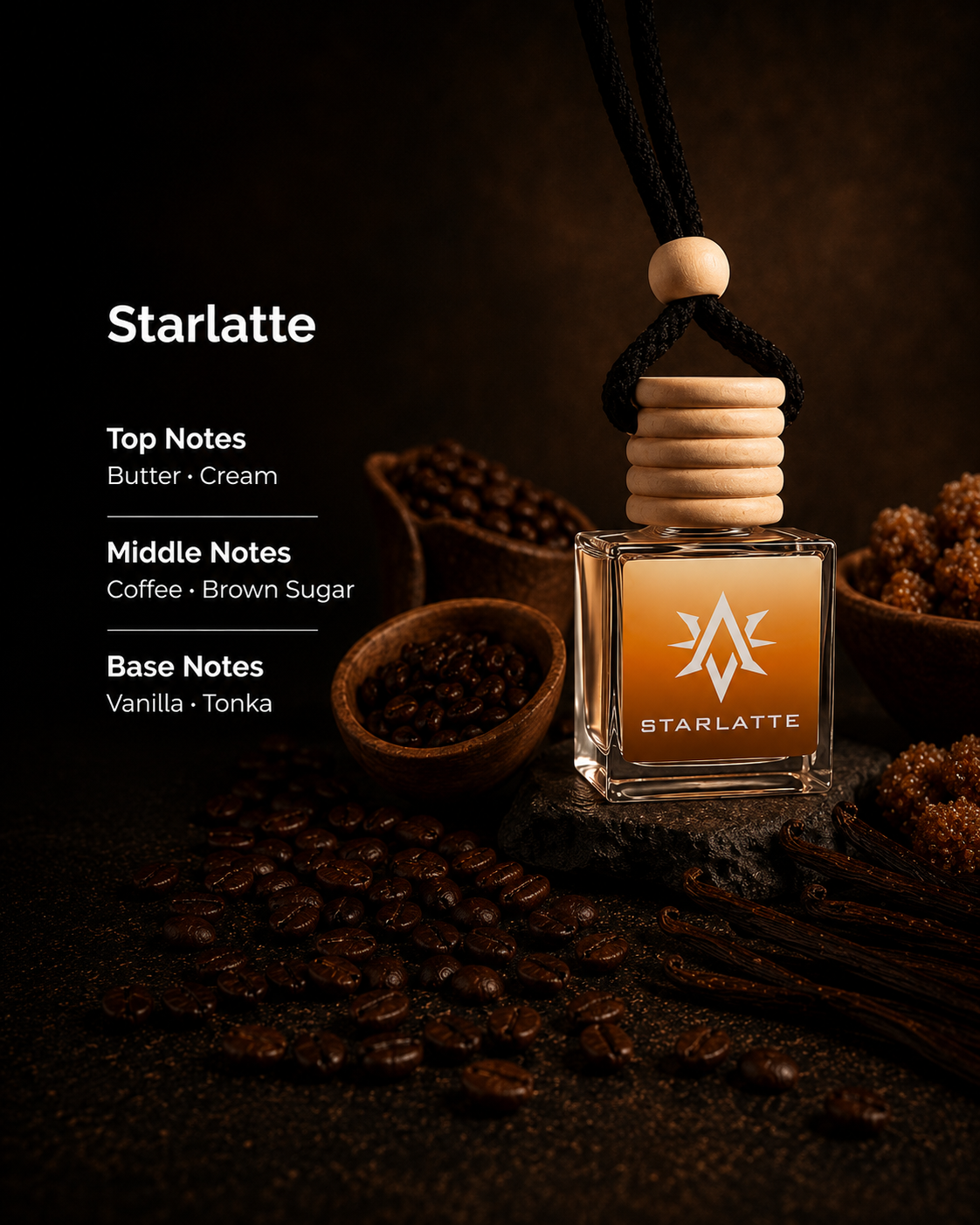 Starlatte scent notes - butter, cream, coffee, brown sugar, cocoa, vanilla, praline and tonka car air freshener by Starlite Avenue